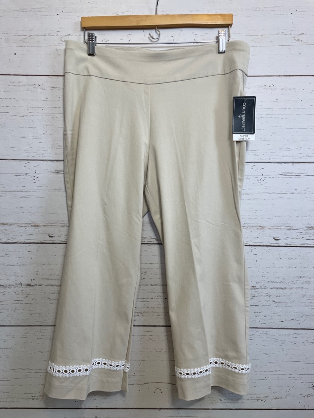 Counterparts Light Tan Stretch Cropped Pants w/ White Embroidered Hem, size 14